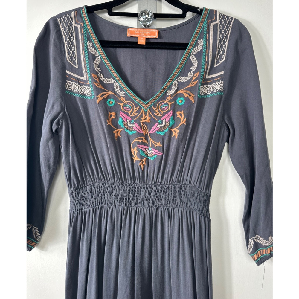 Grey Embroidered Maxi Dress M Smocked Waist Peachpuff Double Leg Slits Boho D55 - Picture 3 of 8
